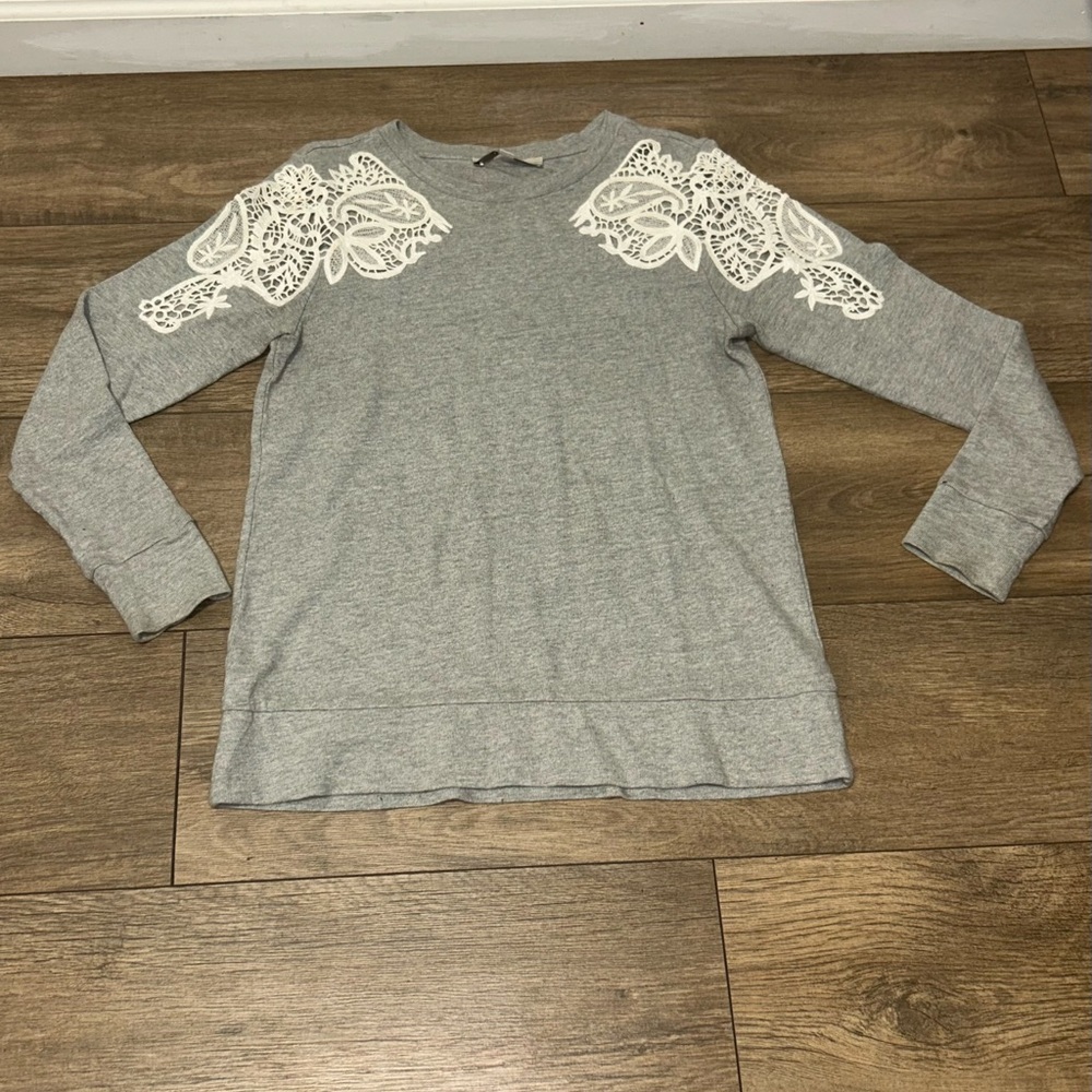Loft Gray Sweater with White Lace Accents